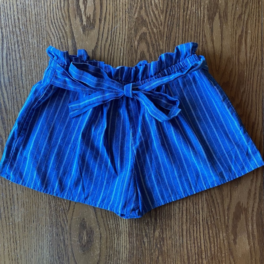 Blue Striped Elastic Waist Tie Shorts